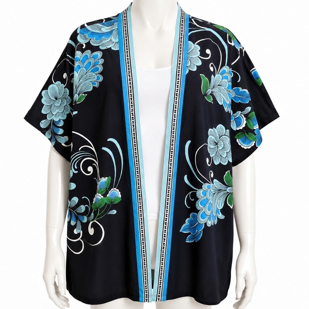 Chico’s Floral Open Front Kimono Cover Up Blue Black Women’s S/M